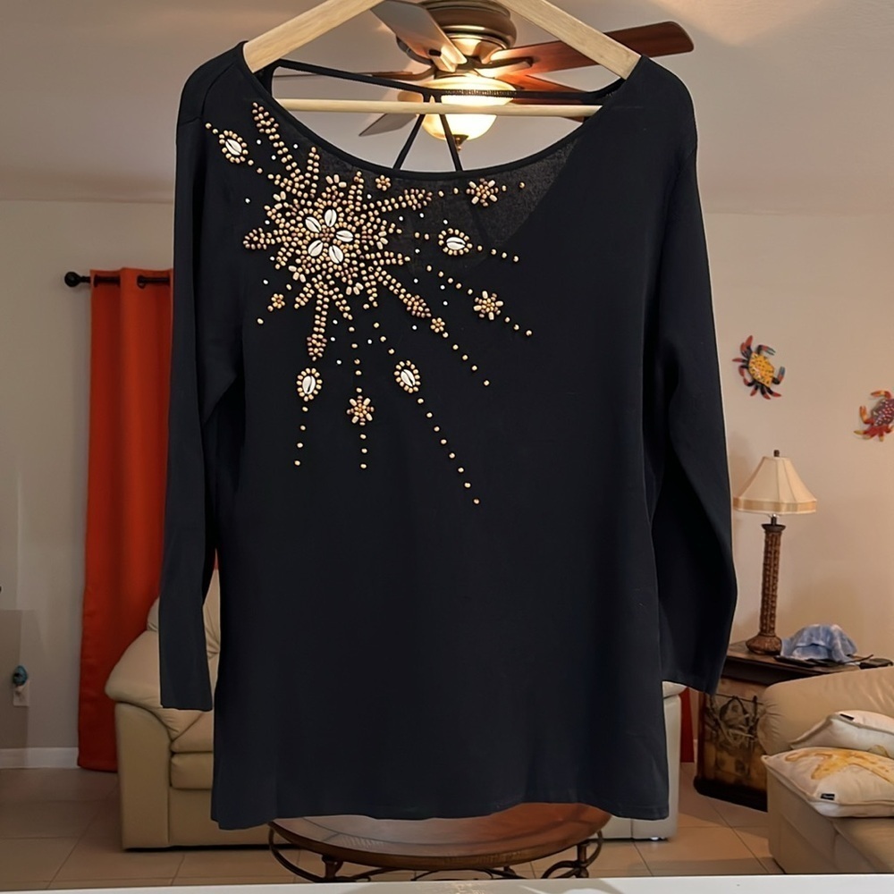 Vintage K-I-K-I-T Maurice Sasson Women's Beaded Shells Knit Sweater Black Size M